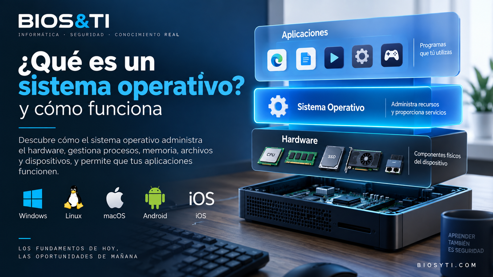 Infografía sobre qué es un sistema operativo y su relación con las aplicaciones y el hardware.