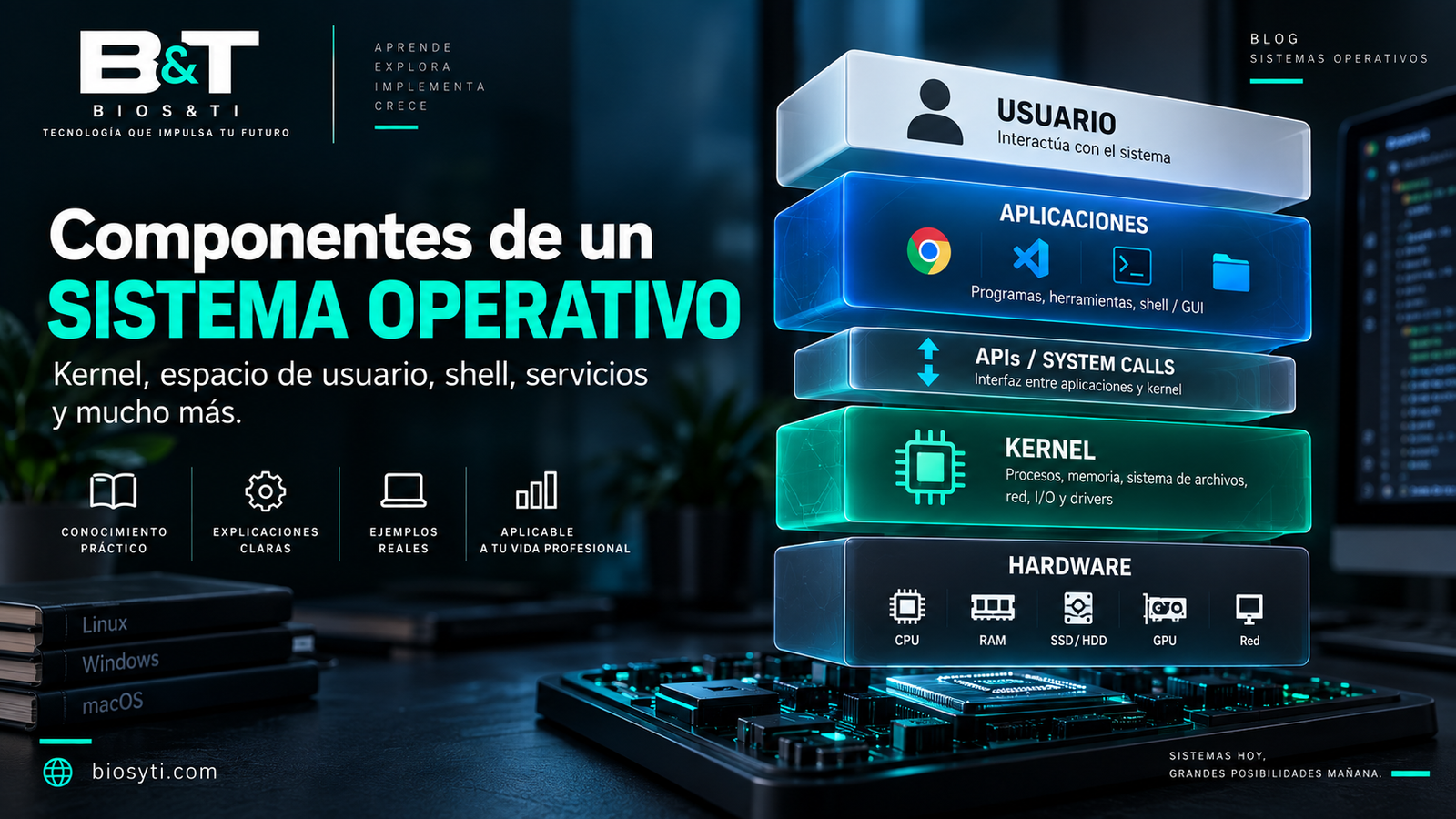 Componentes de un sistema operativo: aplicaciones, llamadas al sistema, kernel y hardware.