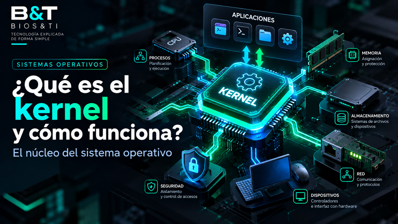 Ilustración del kernel de un sistema operativo conectado con procesos, memoria, almacenamiento, red, dispositivos, seguridad y aplicaciones.